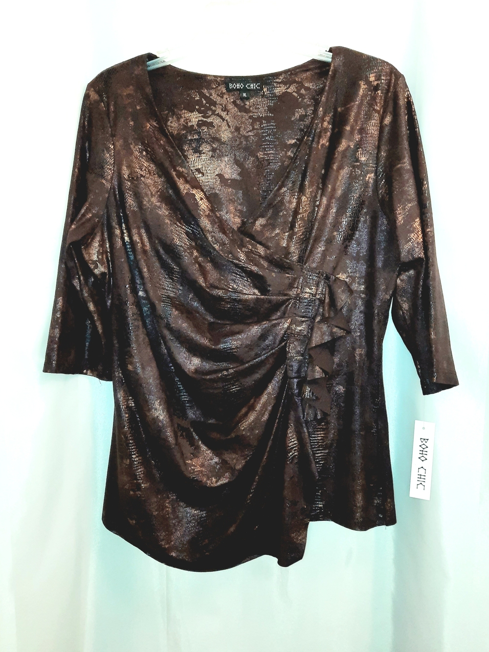 Boho Chic Brown-Bronze Drape Front V-Neck 3/4 Sleeve Snake Skin Womens Top XL
